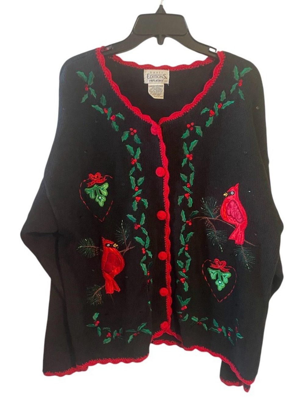 Basic Editions  Women's Cardigan Sweater Size L Red Black Cardinal Grandma Core